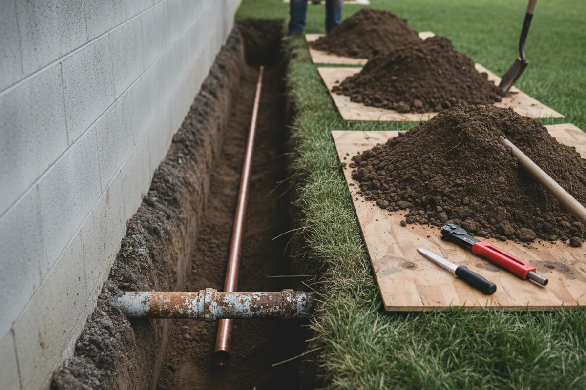 Excavated water line trench during Water Softener Installation in State Line